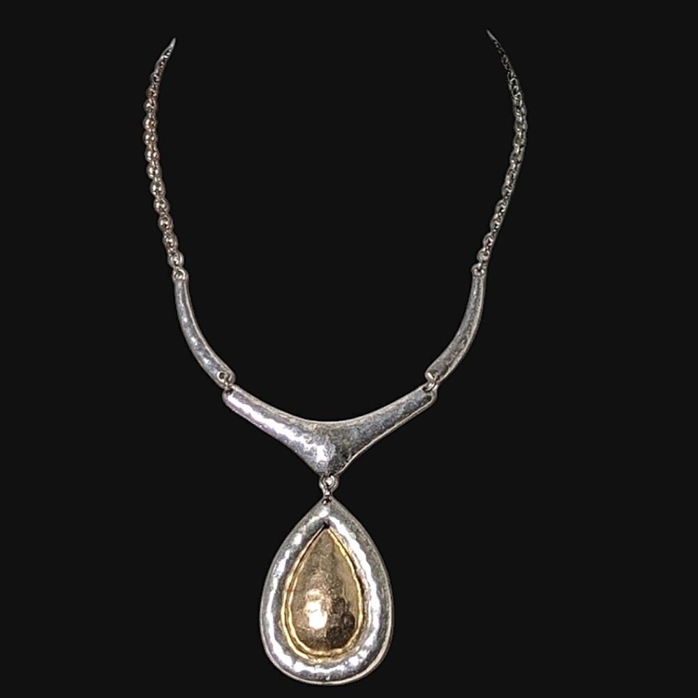 Artisan Hammered Brass & Silver Pendant Necklace